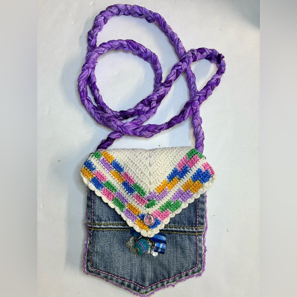 Handmade Upcycled Denim Crossbody Purse, Bling, Woven Strap
